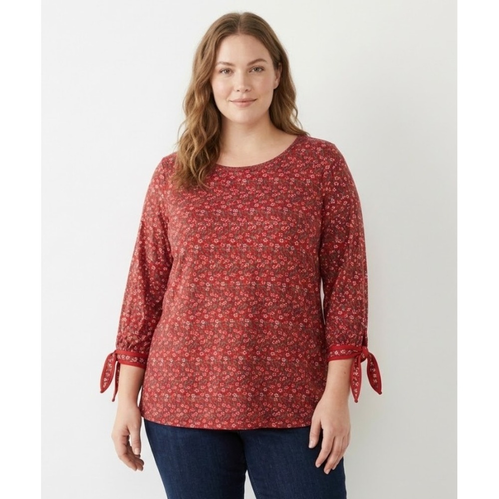 Max Studio Blouse size 1X Floral Tie Cuff Red Stretch Comfy Feminine